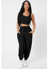 Kadın Siyah Kaşkorse Cepli Jogger Eşofman Altı ve Crop Top Bluz
