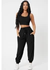 Kadın Siyah Kaşkorse Cepli Jogger Eşofman Altı Ve Crop Top Bluz