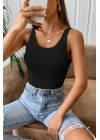 Kadın Siyah Kolsuz Kalın Askılı Uzun Crop Top Bluz & Atlet