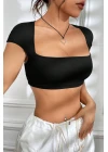 Kadın Siyah Sırt Dekolteli ve Boyundan Bağlamalı Yarım Kol Crop Top Bluz