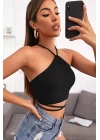 Kadın Siyah Sırtı Açık Boyundan Çapraz Bağlamalı Crop Top Bluz