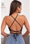 Kadın Siyah Sırtı Açık Boyundan Çapraz Bağlamalı Crop Top Bluz