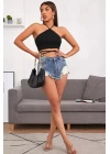 Kadın Siyah Sırtı Açık Boyundan Çapraz Bağlamalı Crop Top Bluz