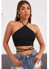Kadın Siyah Sırtı Açık Boyundan Çapraz Bağlamalı Crop Top Bluz