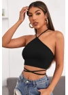 Kadın Siyah Sırtı Açık Boyundan Çapraz Bağlamalı Crop Top Bluz