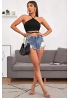 Kadın Siyah Sırtı Açık Boyundan Çapraz Bağlamalı Crop Top Bluz