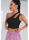 Kadın Siyah Tek Omuz Cut Out Detaylı Crop Top Bluz