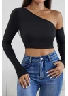 Kadın Siyah Tek Omuz Detaylı Uzun Kol Crop Top Bluz