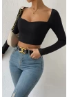 Kadın Siyah Uzun Kol Göğüs Dekolteli Şık Crop Top Bluz
