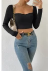 Kadın Siyah Uzun Kol Göğüs Dekolteli Şık Crop Top Bluz