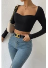 Kadın Siyah Uzun Kol Göğüs Dekolteli Şık Crop Top Bluz