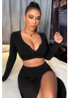 Kadın Siyah Uzun Kol Göğüs ve Göbek Dekolteli Fermuarlı Crop Top Bluz