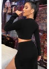 Kadın Siyah Uzun Kol Göğüs ve Göbek Dekolteli Fermuarlı Crop Top Bluz