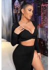 Kadın Siyah Uzun Kol Göğüs ve Göbek Dekolteli Fermuarlı Crop Top Bluz