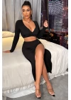 Kadın Siyah Uzun Kol Göğüs ve Göbek Dekolteli Fermuarlı Crop Top Bluz