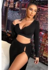 Kadın Siyah Uzun Kol Göğüs ve Göbek Dekolteli Fermuarlı Crop Top Bluz