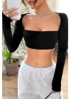 Kadın Siyah Uzun Kol Göğüs ve Sırt Dekolteli Crop Top Bluz