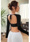 Kadın Siyah Uzun Kol Göğüs ve Sırt Dekolteli Crop Top Bluz