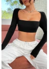 Kadın Siyah Uzun Kol Göğüs ve Sırt Dekolteli Crop Top Bluz