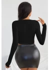 Kadın Siyah Uzun Kol Kare Yaka Crop Top Bluz