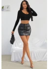 Kadın Siyah Uzun Kol Kare Yaka Crop Top Bluz