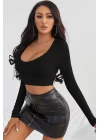 Kadın Siyah Uzun Kol Kare Yaka Crop Top Bluz