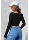 Kadın Siyah Uzun Kollu Agraflı Göğüs ve Göbek Dekolteli Crop Top Bluz