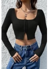 Kadın Siyah Uzun Kollu Agraflı Göğüs ve Göbek Dekolteli Crop Top Bluz