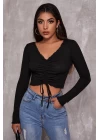 Kadın Siyah Uzun Kollu Büzdürme Bağcık Detaylı Crop Top Bluz