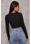 Kadın Siyah Uzun Kollu Büzdürme Bağcık Detaylı Crop Top Bluz
