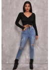 Kadın Siyah Uzun Kollu Büzdürme Bağcık Detaylı Crop Top Bluz