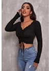Kadın Siyah Uzun Kollu Büzdürme Bağcık Detaylı Crop Top Bluz