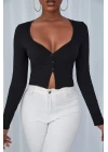 Kadın Siyah Uzun Kollu Düğmeli Göğüs ve Göbek Dekolteli Crop Top Bluz