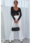 Kadın Siyah Uzun Kollu Düğmeli Göğüs ve Göbek Dekolteli Crop Top Bluz