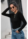Kadın Siyah Uzun Kollu Fit Basic Crop Top Bluz