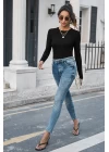 Kadın Siyah Uzun Kollu Fit Basic Crop Top Bluz