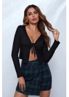 Kadın Siyah Uzun Kollu Önden Bağlama Detaylı Crop Top Bluz