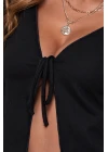Kadın Siyah Uzun Kollu Önden Bağlama Detaylı Crop Top Bluz