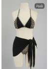 Kadın Siyah ve Leopar Desenli Pareolu 3lü Bikini Takımı