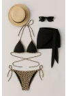 Kadın Siyah Ve Leopar Desenli Pareolu 3lü Bikini Takımı