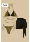 Kadın Siyah ve Leopar Desenli Pareolu 3lü Bikini Takımı