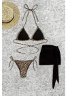 Kadın Siyah Ve Leopar Desenli Pareolu 3lü Bikini Takımı