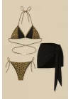 Kadın Siyah ve Leopar Desenli Pareolu 3lü Bikini Takımı