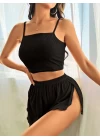 Kadın Siyah Yandan Yırtmaçlı Askılı Şortlu Pijama Takım 6658