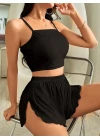 Kadın Siyah Yandan Yırtmaçlı Askılı Şortlu Pijama Takım 6658