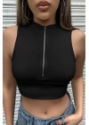 Kadın Siyah Yarım Fermuarlı Sıfır Kol Crop Top Bluz