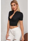 Kadın Siyah Yarım Fermuarlı ve Kısa Kollu Crop Top Bluz