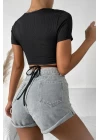 Kadın Siyah Yarım Kol Çapraz Bağlamalı Crop Top Bluz