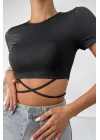 Kadın Siyah Yarım Kol Çapraz Bağlamalı Crop Top Bluz