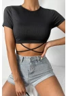 Kadın Siyah Yarım Kol Çapraz Bağlamalı Crop Top Bluz